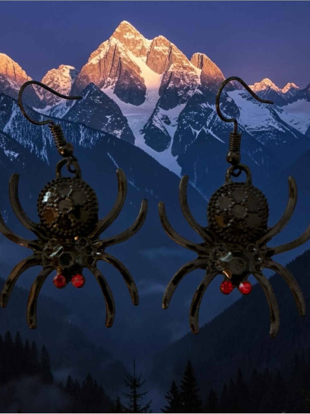 Black Spider Dangle Earrings with Red Accent